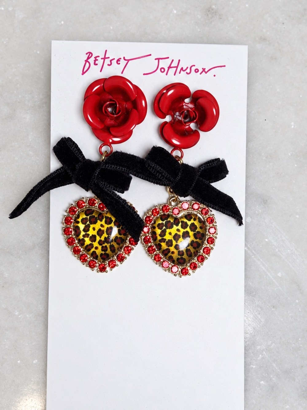 Betsey Johnson Red Rose Bud & Leopard Heart Drop Earrings Bow & Crystal NWT